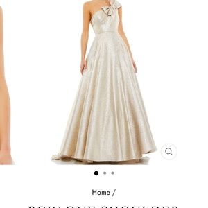 Mac Duggal bow one shoulder metallic ballgown